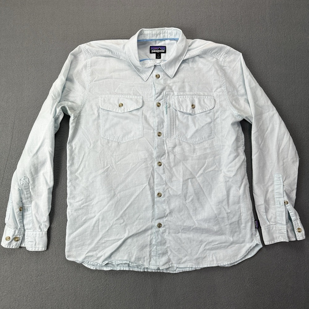 M's Patagonia Long-Sleeved Cayo Largo II Shirt Chambray Break Up Blue Large